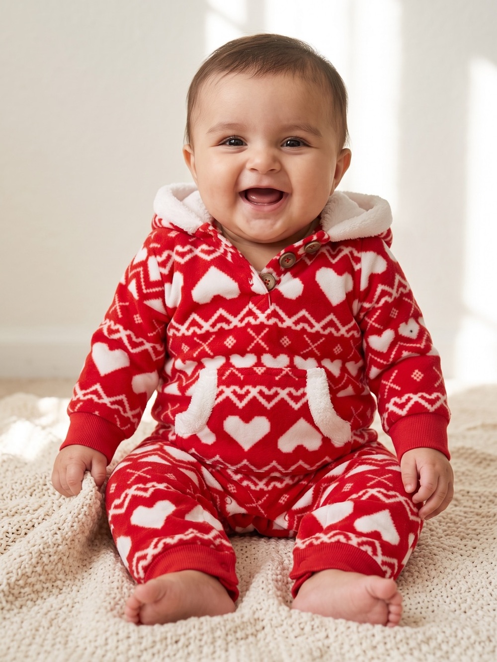 Carter’s Baby 9M Red Heart Fair Isle Fleece Hooded One-Piece Jumpsuit Romper